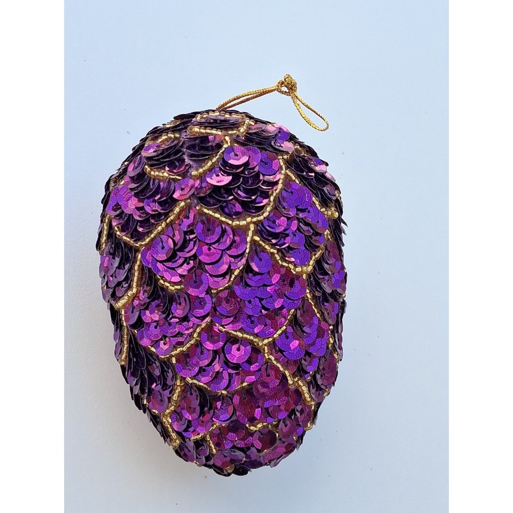 Purple Sequin Egg Ornament Beaded Gold Hanging Decor 4" Vintage‎ Style